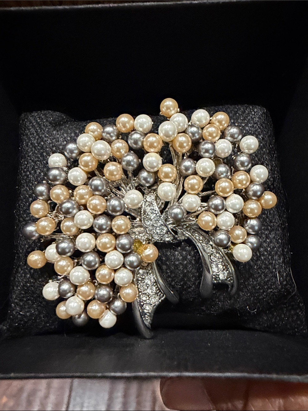 Vintage Silver Tone Faux Pearl Cluster Brooch Rhinestone Accent Statement Pin
